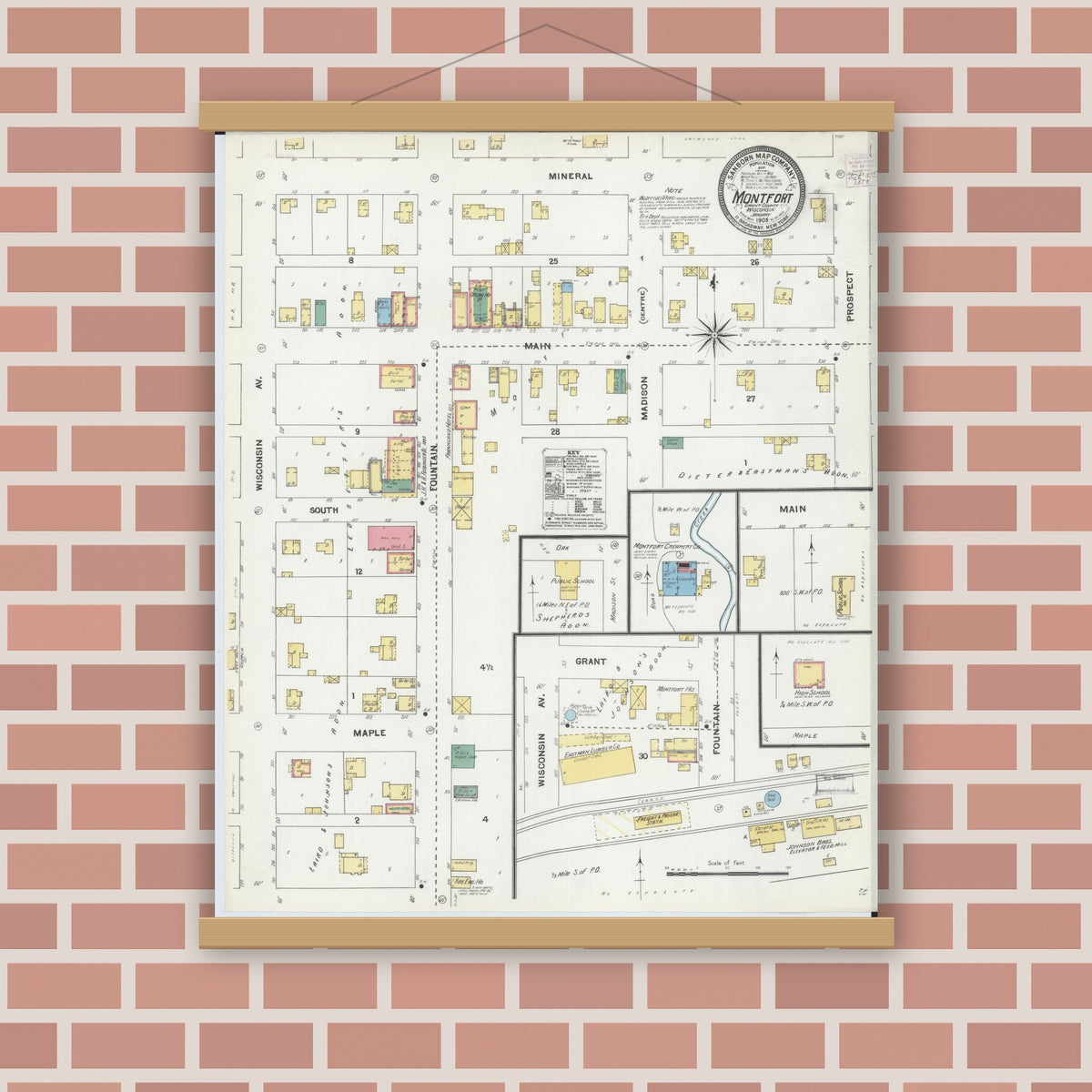Old map wall art mockup — magnetic wood frame on brick wall — Sanborn Fire Insurance Map from Montfort, Grant County, Wisconsin (1905), Sheet #0001