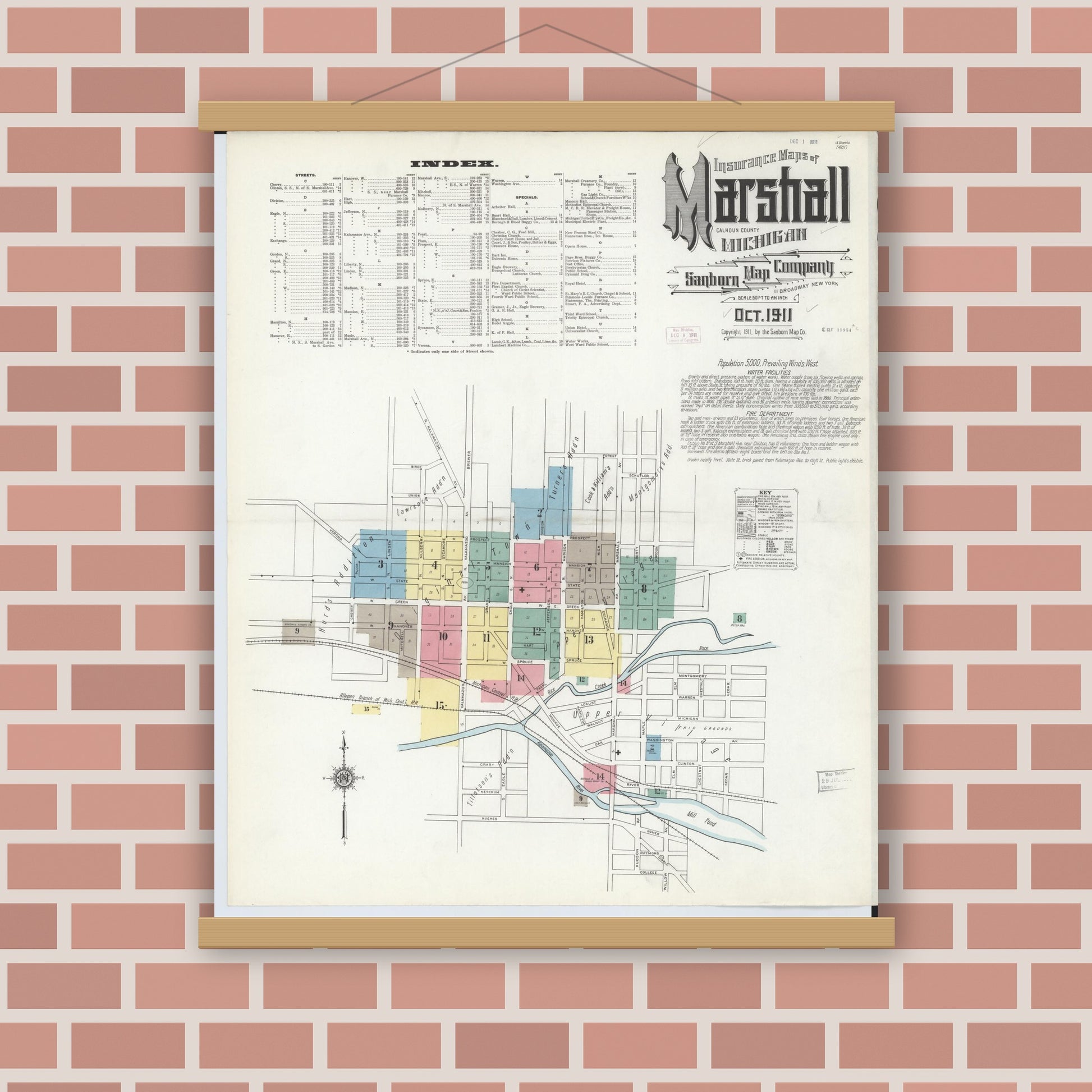 Old map wall art mockup — magnetic wood frame on brick wall — Sanborn Fire Insurance Map from Marshall, Calhoun County, Michigan (1911) - Complete Map Set