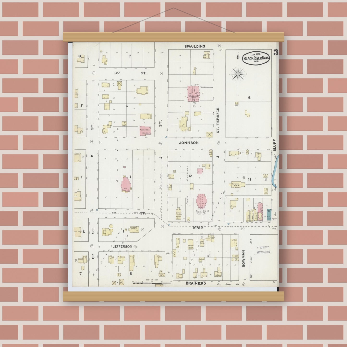 Old map wall art mockup — magnetic wood frame on brick wall — Sanborn Fire Insurance Map from Black River Falls, Jackson County, Wisconsin (1892), Sheet #0003