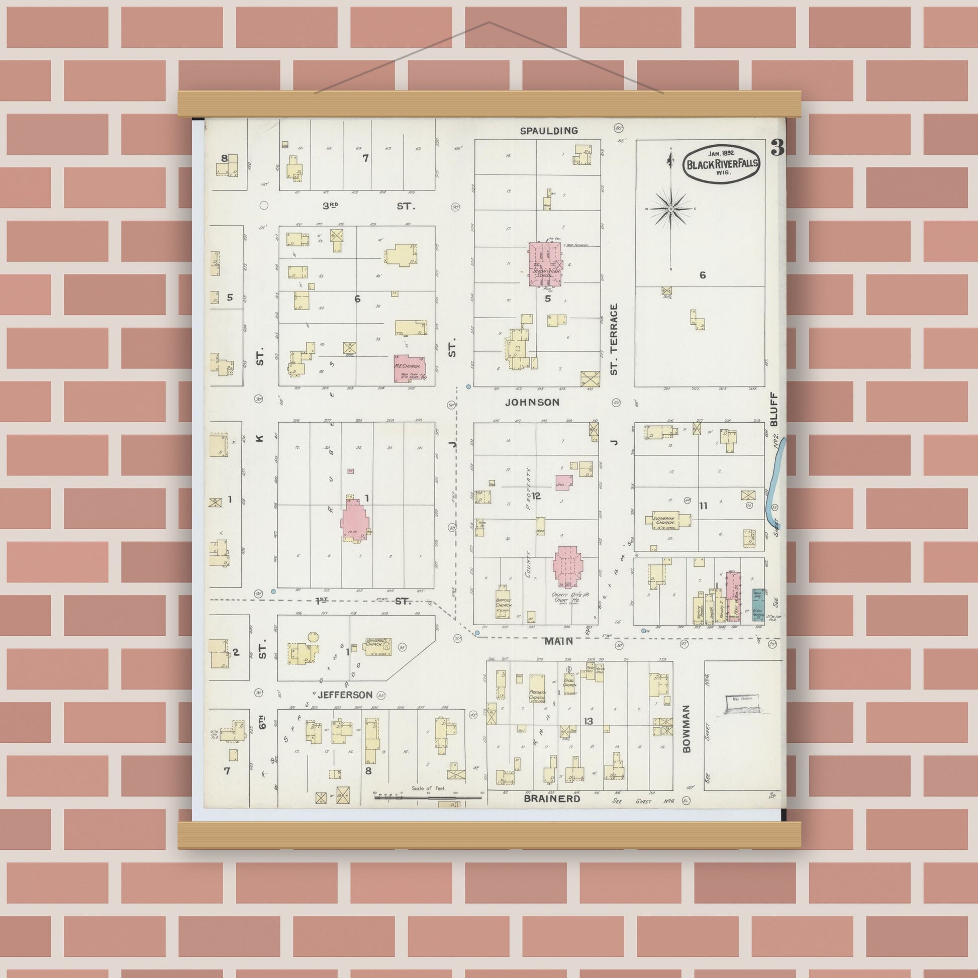 Old map wall art mockup — magnetic wood frame on brick wall — Sanborn Fire Insurance Map from Black River Falls, Jackson County, Wisconsin (1892), Sheet #0003