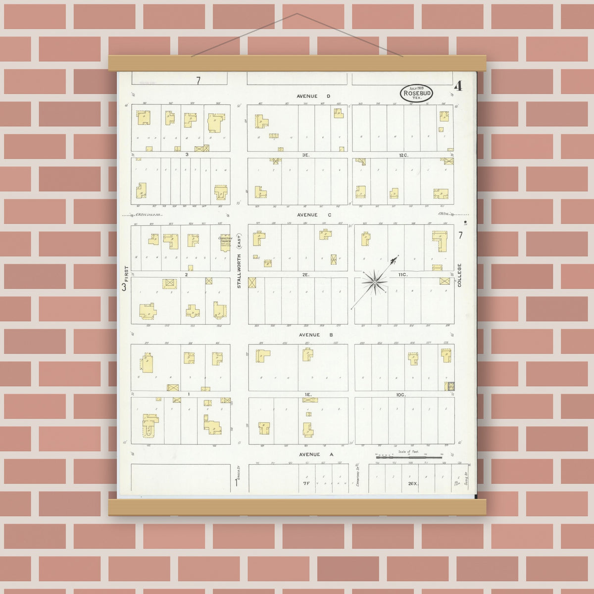 Old map wall art mockup — magnetic wood frame on brick wall — Sanborn Fire Insurance Map from Rosebud, Falls County, Texas (1909), Sheet #0004