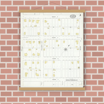 Old map wall art mockup — magnetic wood frame on brick wall — Sanborn Fire Insurance Map from Rosebud, Falls County, Texas (1909), Sheet #0004