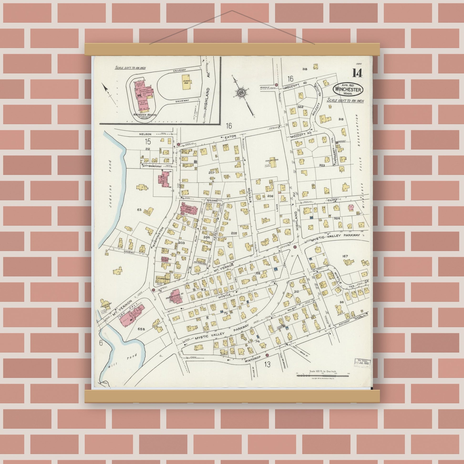 Old map wall art mockup — magnetic wood frame on brick wall — Sanborn Fire Insurance Map from Winchester, Middlesex County, Massachusetts (1921), Sheet #0014