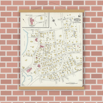 Old map wall art mockup — magnetic wood frame on brick wall — Sanborn Fire Insurance Map from Winchester, Middlesex County, Massachusetts (1921), Sheet #0014