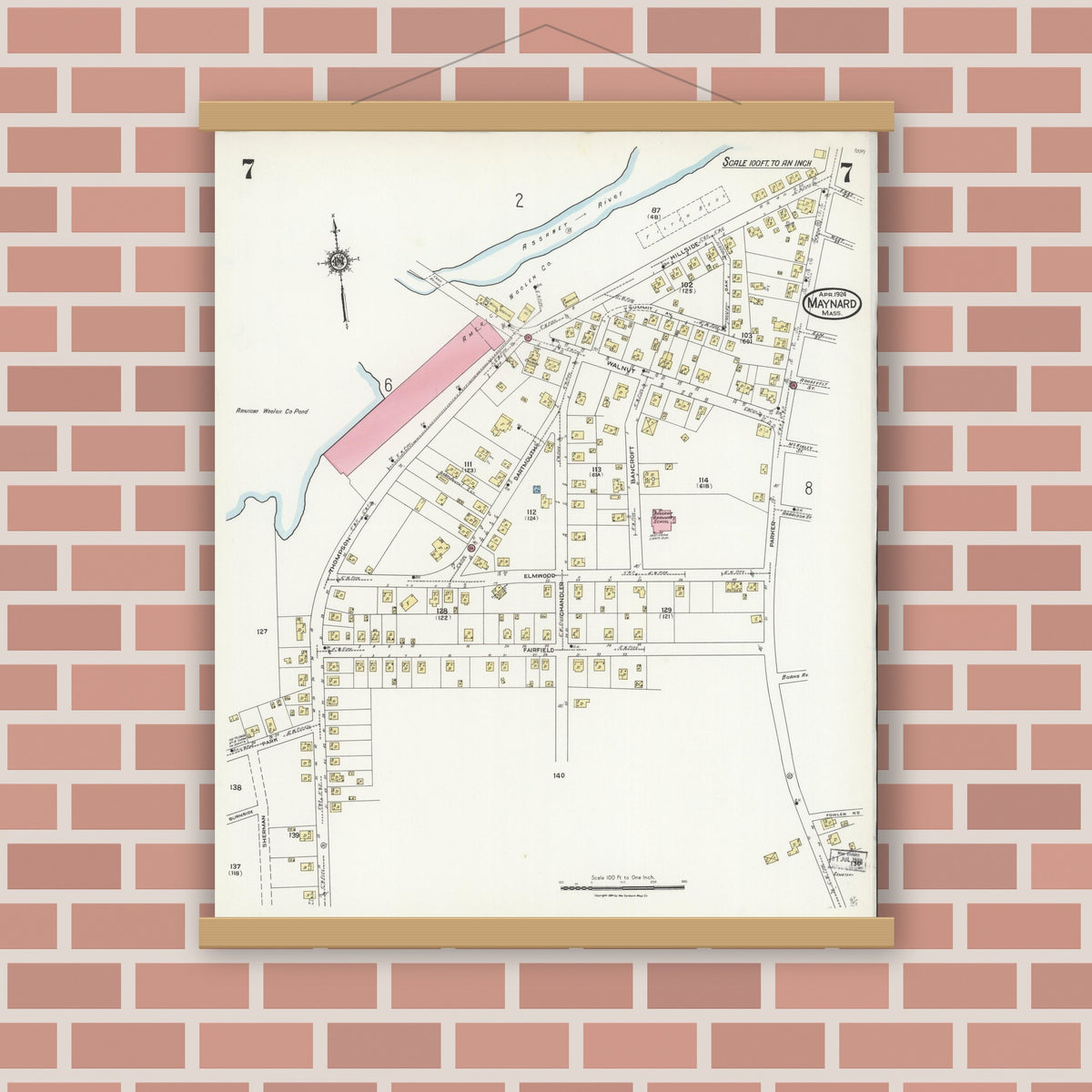 Old map wall art mockup — magnetic wood frame on brick wall — Sanborn Fire Insurance Map from Maynard, Middlesex County, Massachusetts (1924), Sheet #0007
