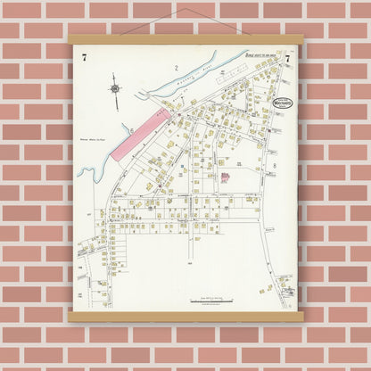 Old map wall art mockup — magnetic wood frame on brick wall — Sanborn Fire Insurance Map from Maynard, Middlesex County, Massachusetts (1924), Sheet #0007
