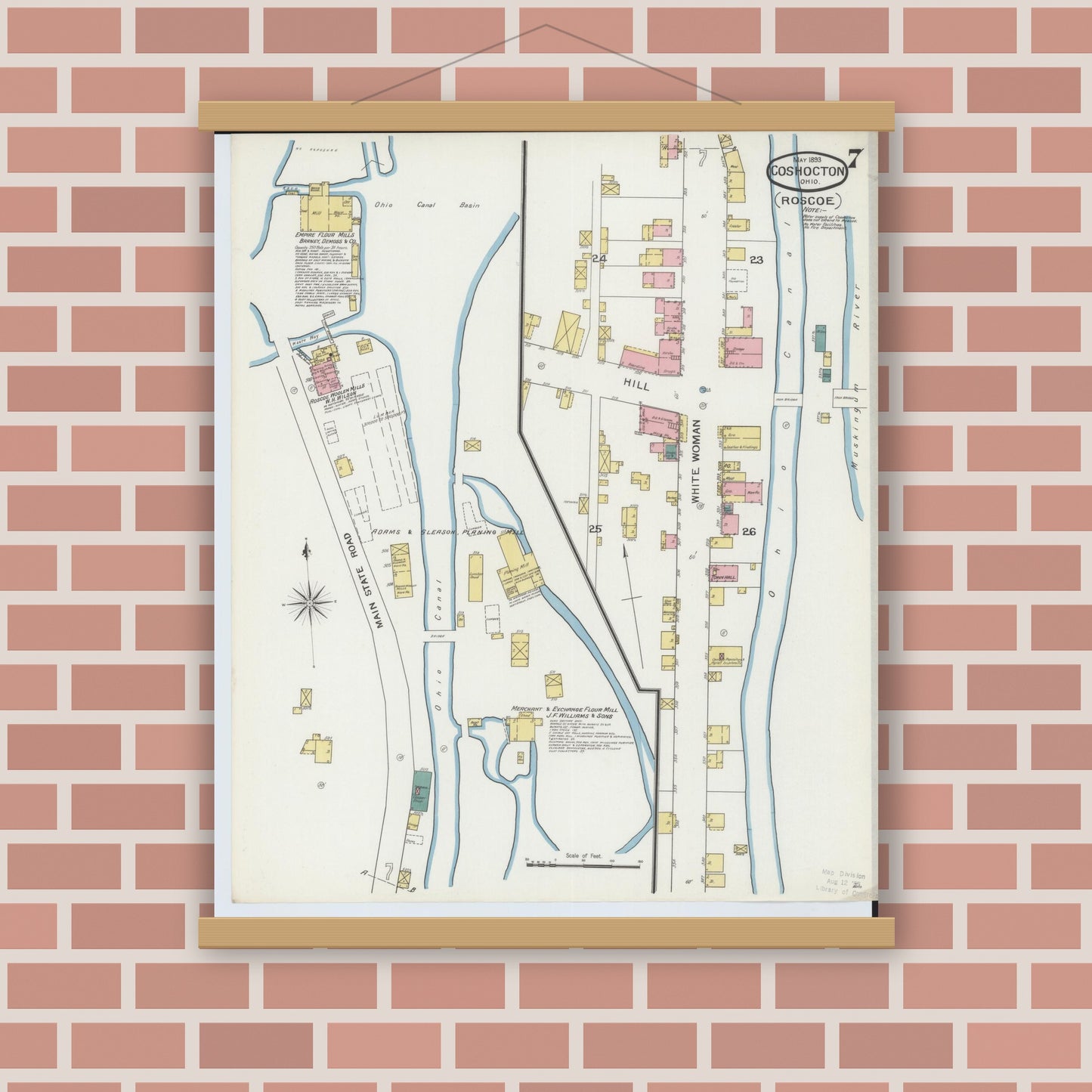 Old map wall art mockup — magnetic wood frame on brick wall — Sanborn Fire Insurance Map from Coshocton, Coshocton County, Ohio (1893), Sheet #0007