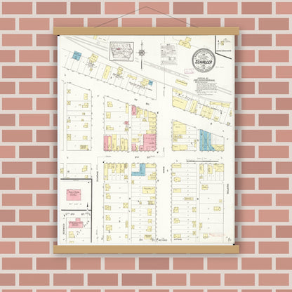 Old map wall art mockup — magnetic wood frame on brick wall — Sanborn Fire Insurance Map from Schaller, Sac County, Iowa (1913), Sheet #0001