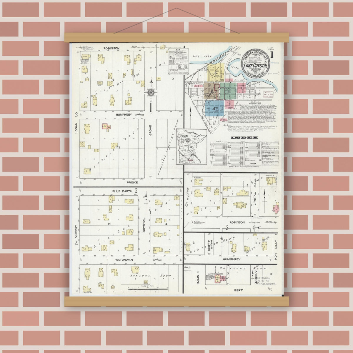 Old map wall art mockup — magnetic wood frame on brick wall — Sanborn Fire Insurance Map from Lake Crystal, Blue Earth County, Minnesota (1914) - Complete Map Set