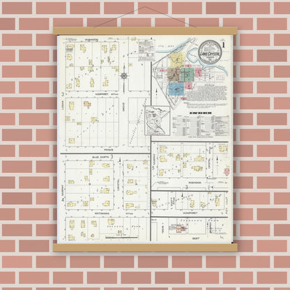 Old map wall art mockup — magnetic wood frame on brick wall — Sanborn Fire Insurance Map from Lake Crystal, Blue Earth County, Minnesota (1914) - Complete Map Set