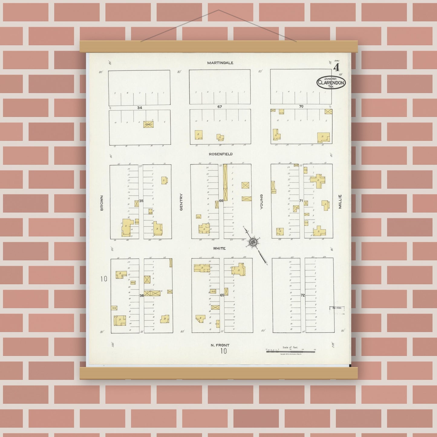 Old map wall art mockup — magnetic wood frame on brick wall — Sanborn Fire Insurance Map from Clarendon, Donley County, Texas (1921), Sheet #0004