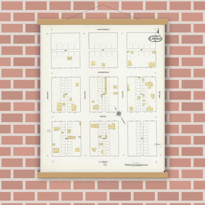 Old map wall art mockup — magnetic wood frame on brick wall — Sanborn Fire Insurance Map from Clarendon, Donley County, Texas (1921), Sheet #0004
