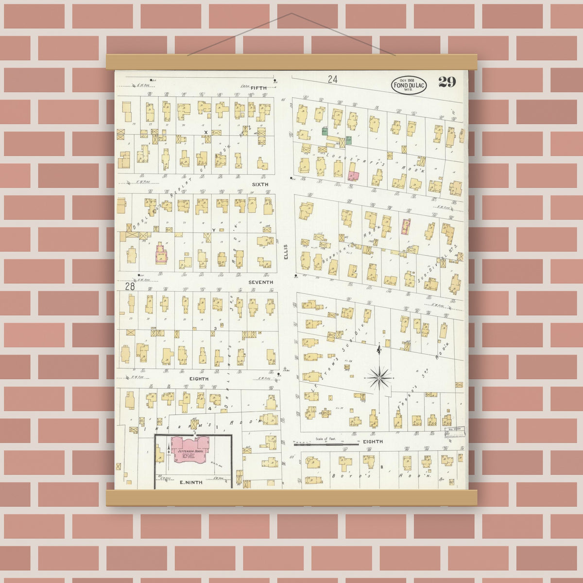 Old map wall art mockup — magnetic wood frame on brick wall — Sanborn Fire Insurance Map from Fond du Lac, Fond du Lac County, Wisconsin (1908), Sheet #0029