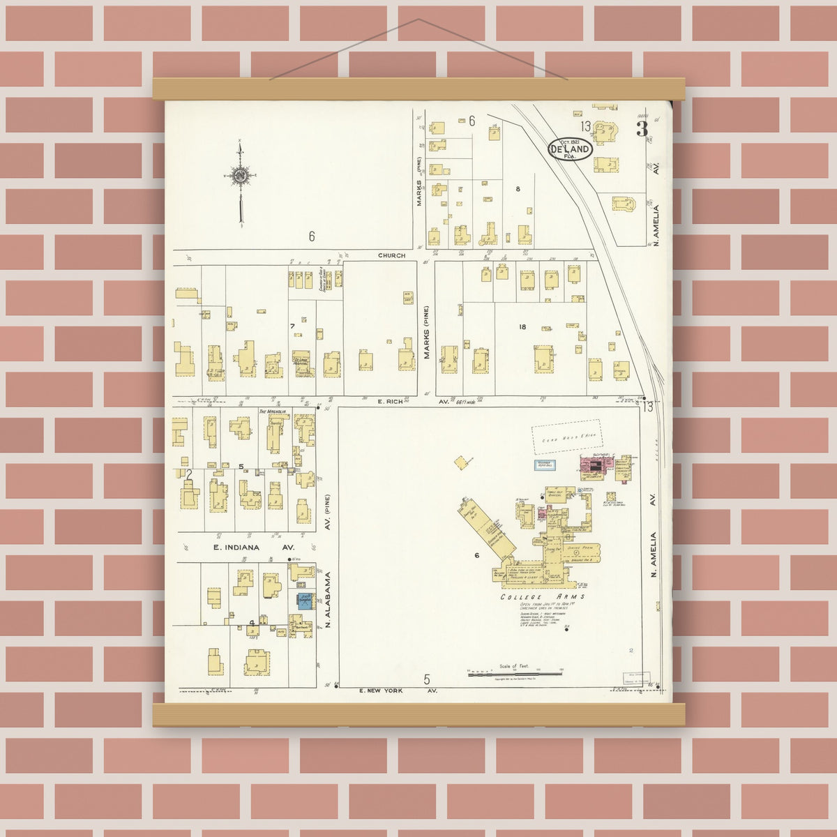 Old map wall art mockup — magnetic wood frame on brick wall — Sanborn Fire Insurance Map from De Land, Volusia County, Florida (1921), Sheet #0003