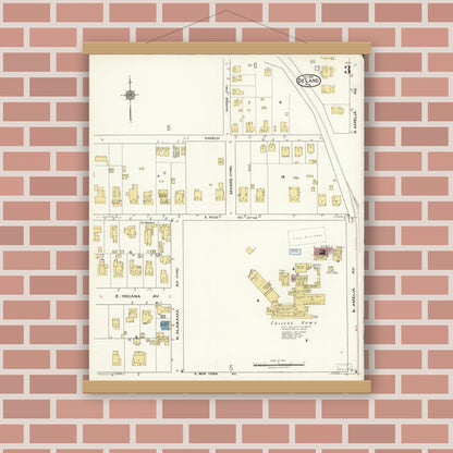 Old map wall art mockup — magnetic wood frame on brick wall — Sanborn Fire Insurance Map from De Land, Volusia County, Florida (1921), Sheet #0003