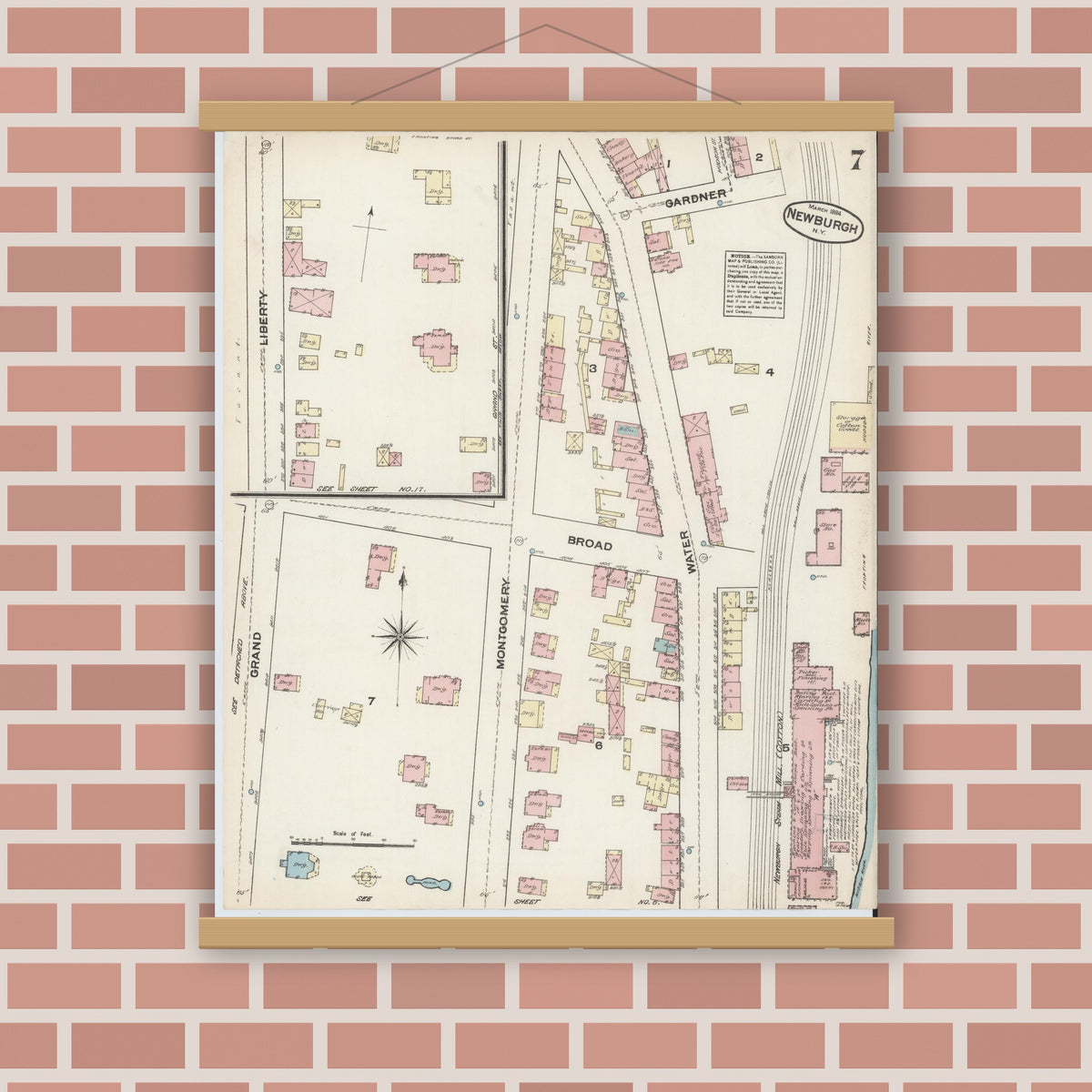 Old map wall art mockup — magnetic wood frame on brick wall — Sanborn Fire Insurance Map from Newburgh, Orange County, New York (1884), Sheet #0007