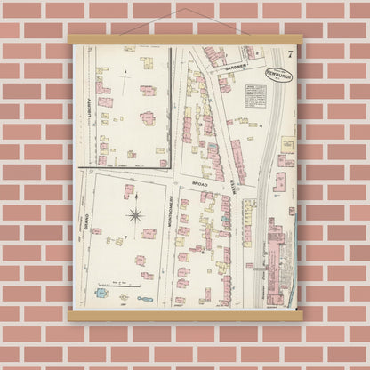 Old map wall art mockup — magnetic wood frame on brick wall — Sanborn Fire Insurance Map from Newburgh, Orange County, New York (1884), Sheet #0007