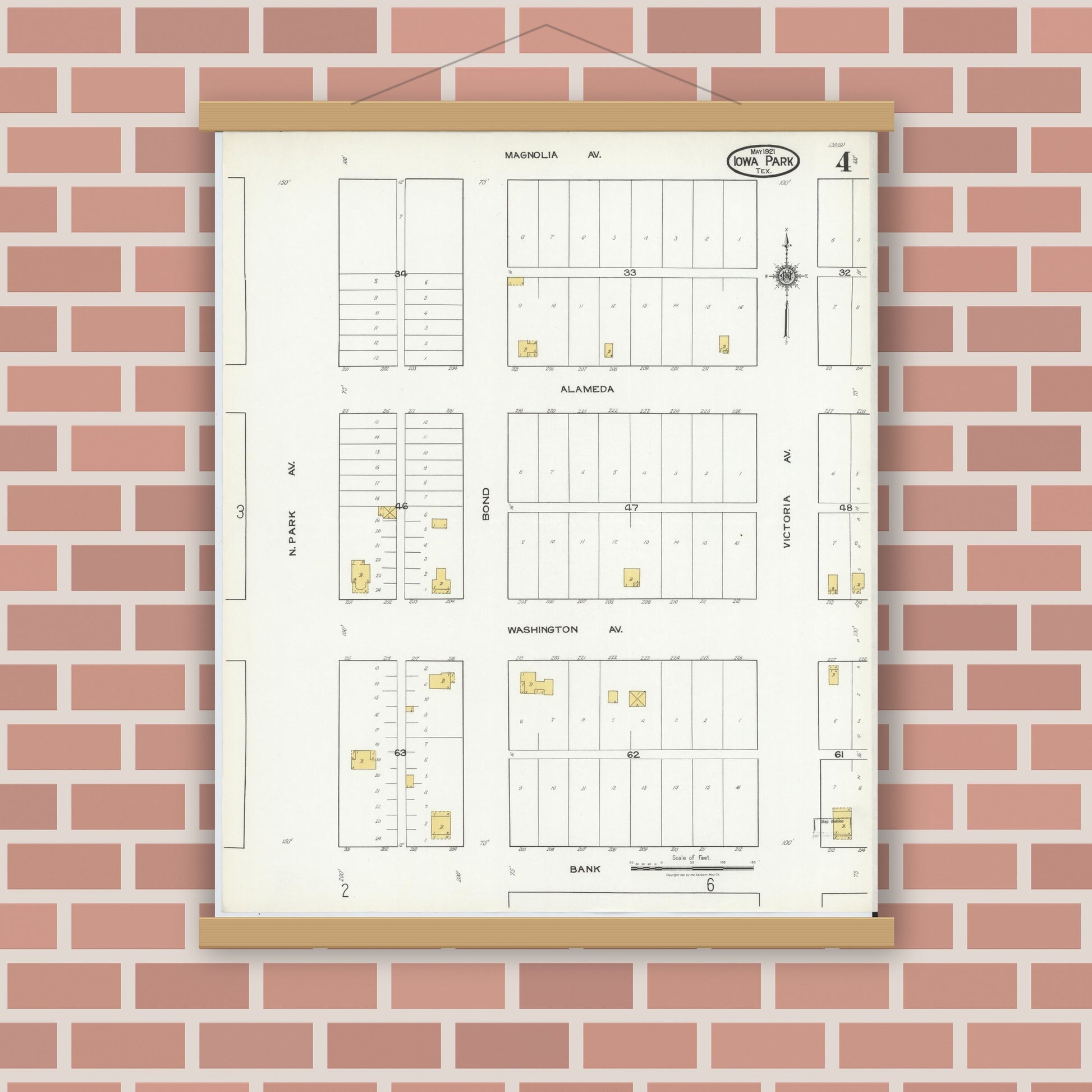 Old map wall art mockup — magnetic wood frame on brick wall — Sanborn Fire Insurance Map from Iowa Park, Wichita County, Texas (1921), Sheet #0004