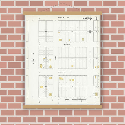 Old map wall art mockup — magnetic wood frame on brick wall — Sanborn Fire Insurance Map from Iowa Park, Wichita County, Texas (1921), Sheet #0004
