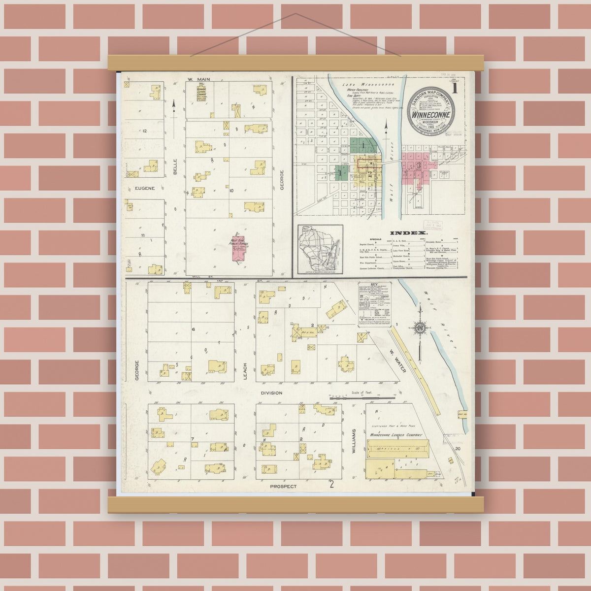 Old map wall art mockup — magnetic wood frame on brick wall — Sanborn Fire Insurance Map from Winneconne, Winnebago County, Wisconsin (1913) - Complete Map Set