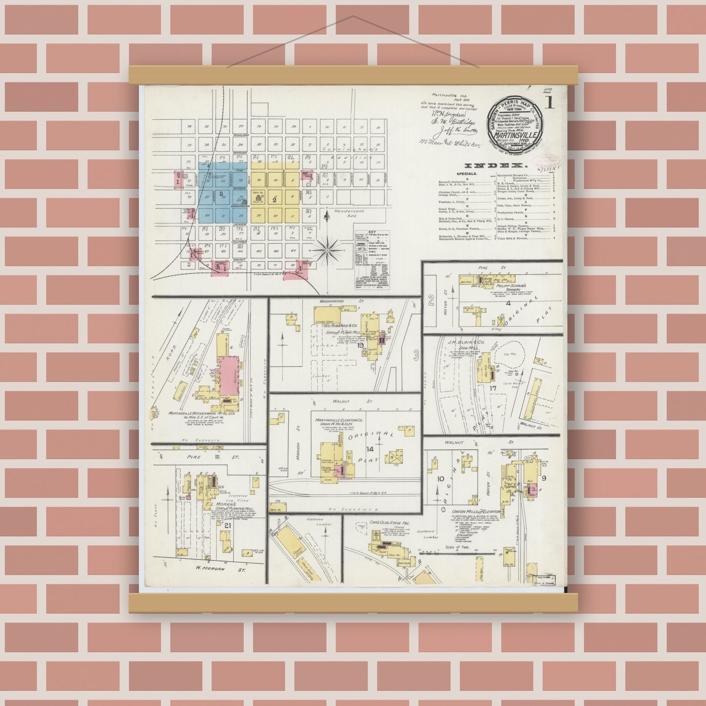 Old map wall art mockup — magnetic wood frame on brick wall — Sanborn Fire Insurance Map from Martinsville, Morgan County, Indiana (1892) - Complete Map Set