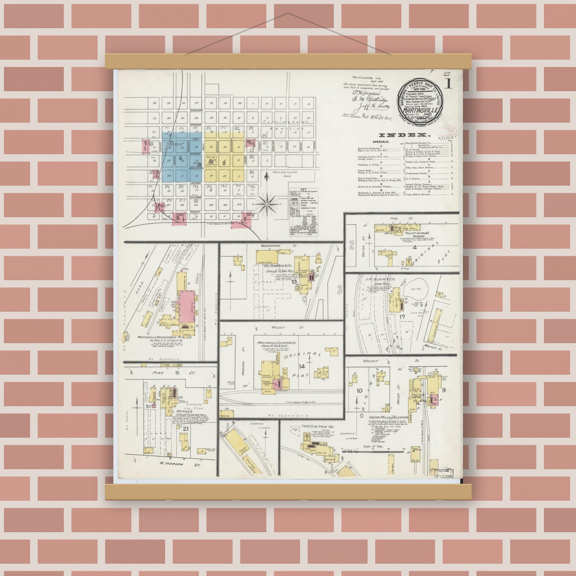 Old map wall art mockup — magnetic wood frame on brick wall — Sanborn Fire Insurance Map from Martinsville, Morgan County, Indiana (1892) - Complete Map Set