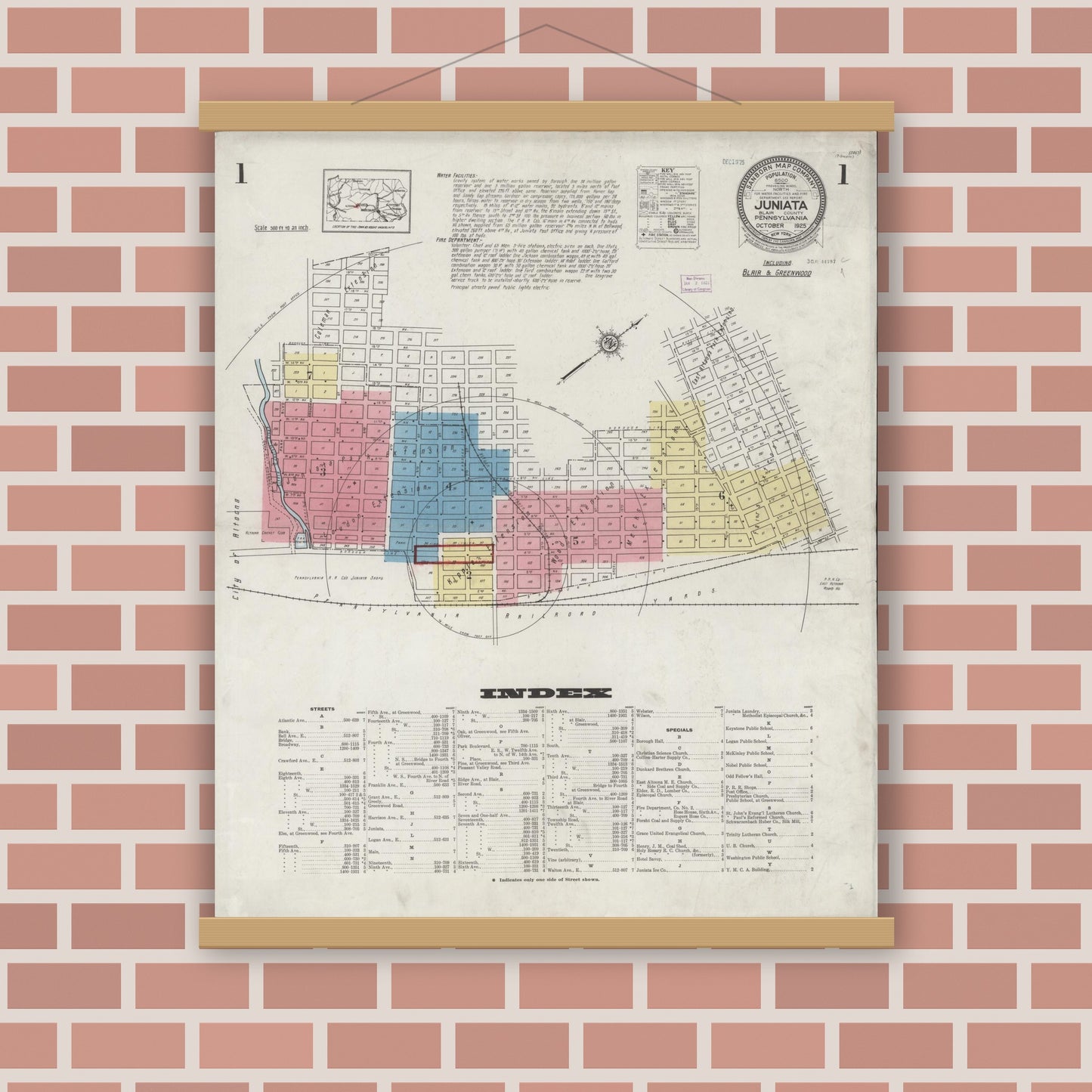 Old map wall art mockup — magnetic wood frame on brick wall — Sanborn Fire Insurance Map from Juniata, Blair County, Pennsylvania (1925), Sheet #0001