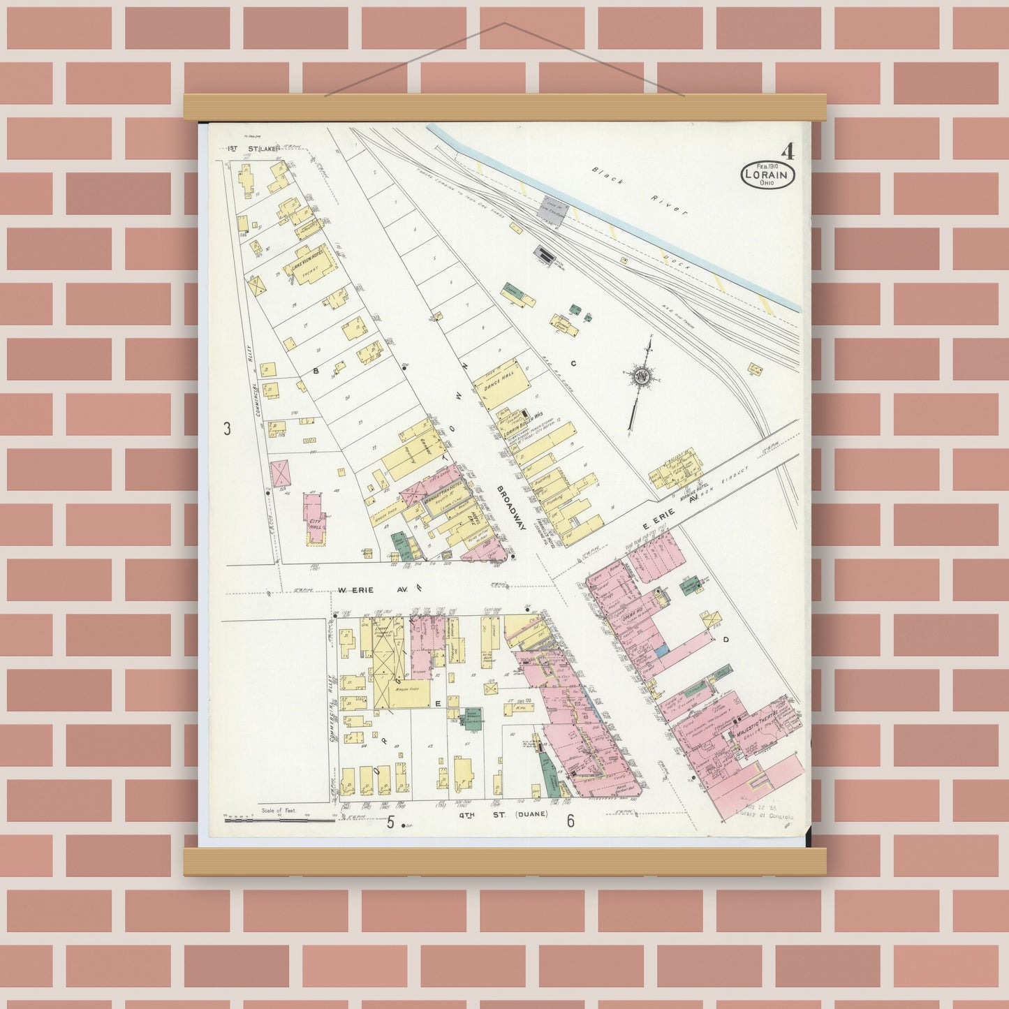 Old map wall art mockup — magnetic wood frame on brick wall — Sanborn Fire Insurance Map from Lorain, Lorain County, Ohio (1910), Sheet #0004