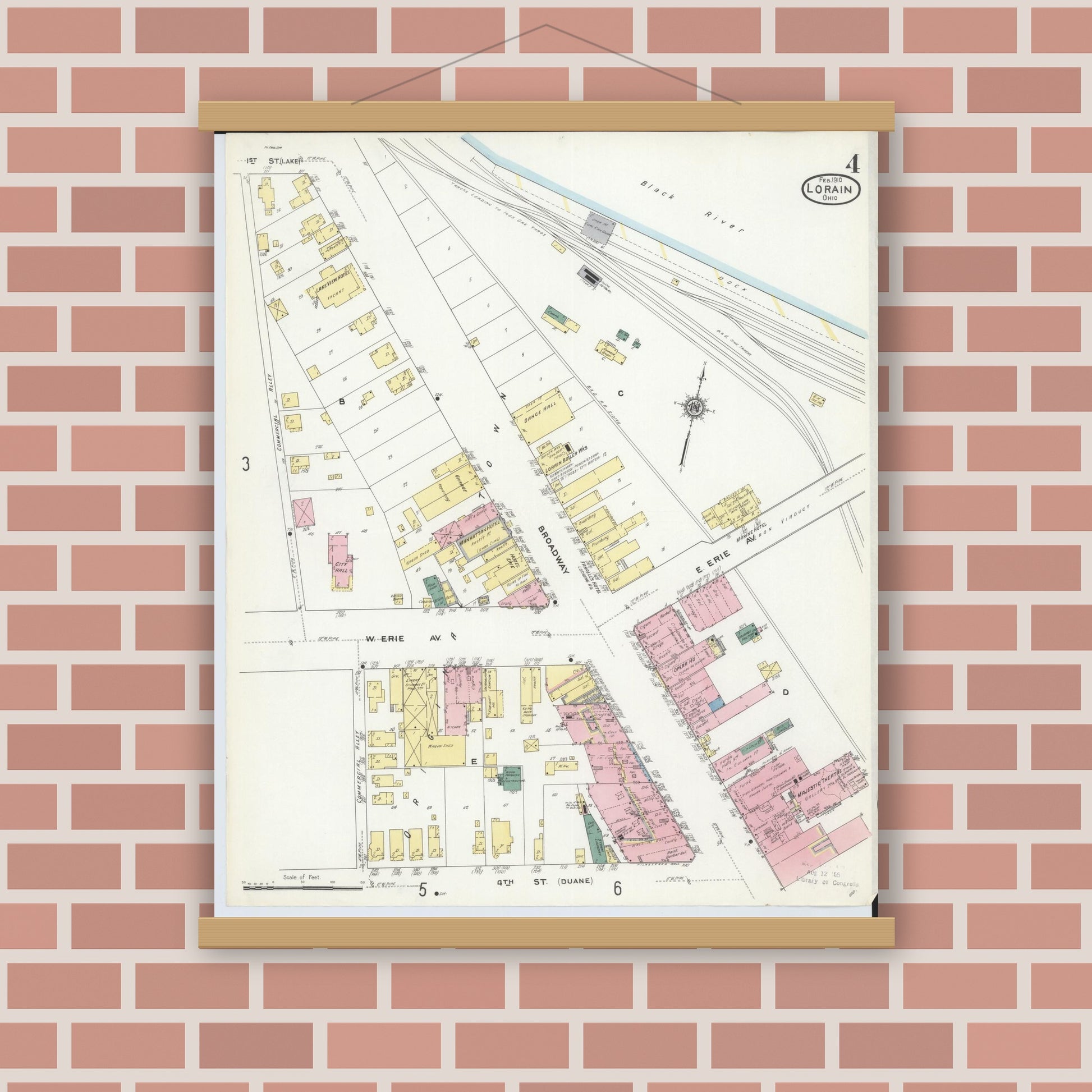 Old map wall art mockup — magnetic wood frame on brick wall — Sanborn Fire Insurance Map from Lorain, Lorain County, Ohio (1910), Sheet #0004