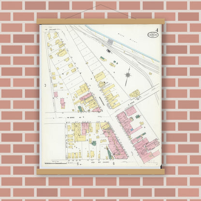 Old map wall art mockup — magnetic wood frame on brick wall — Sanborn Fire Insurance Map from Lorain, Lorain County, Ohio (1910), Sheet #0004