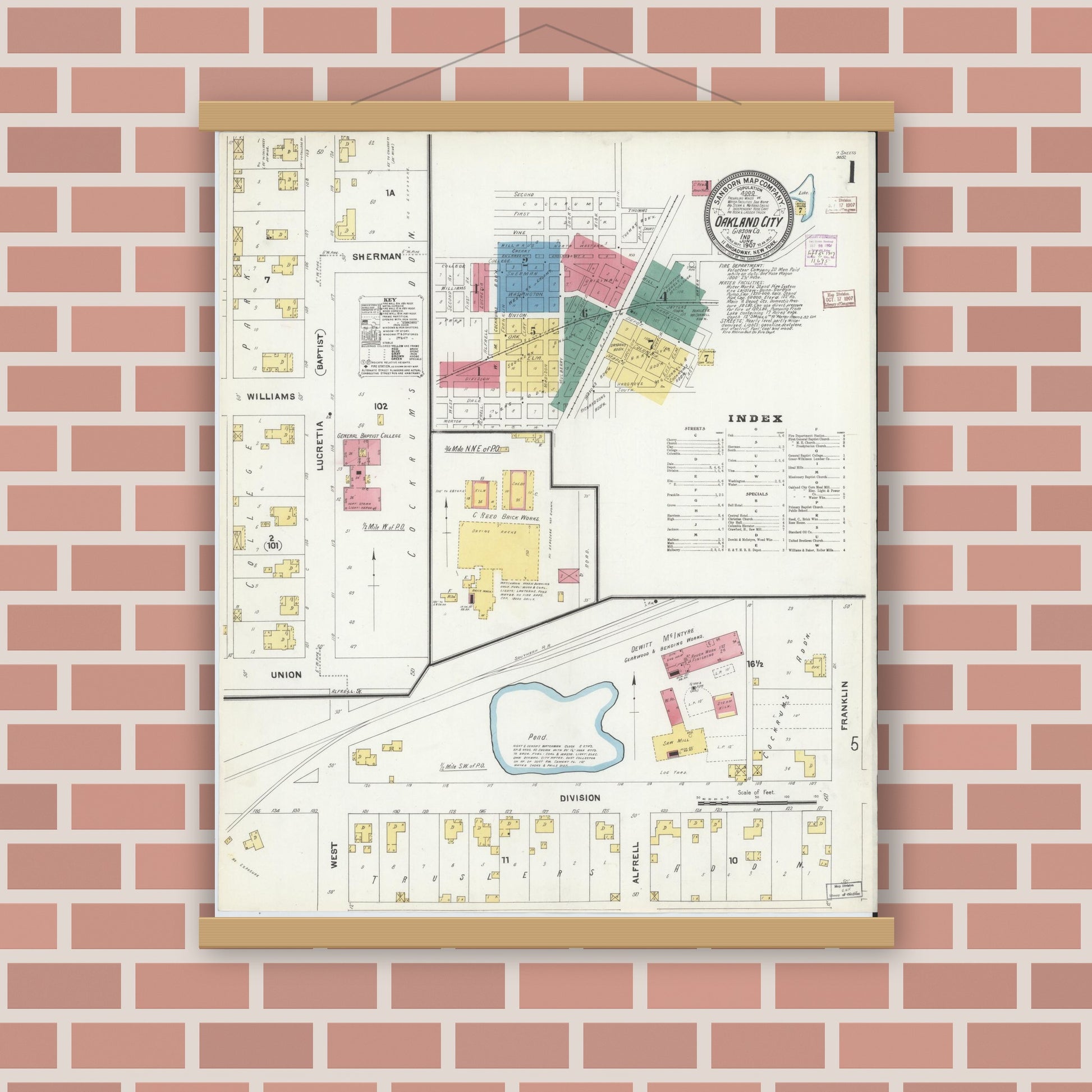 Old map wall art mockup — magnetic wood frame on brick wall — Sanborn Fire Insurance Map from Oakland City, Gibson County, Indiana (1907) - Complete Map Set