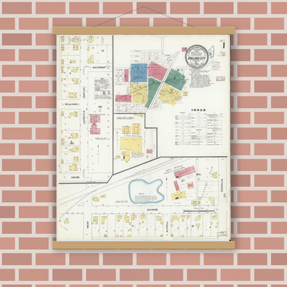 Old map wall art mockup — magnetic wood frame on brick wall — Sanborn Fire Insurance Map from Oakland City, Gibson County, Indiana (1907) - Complete Map Set