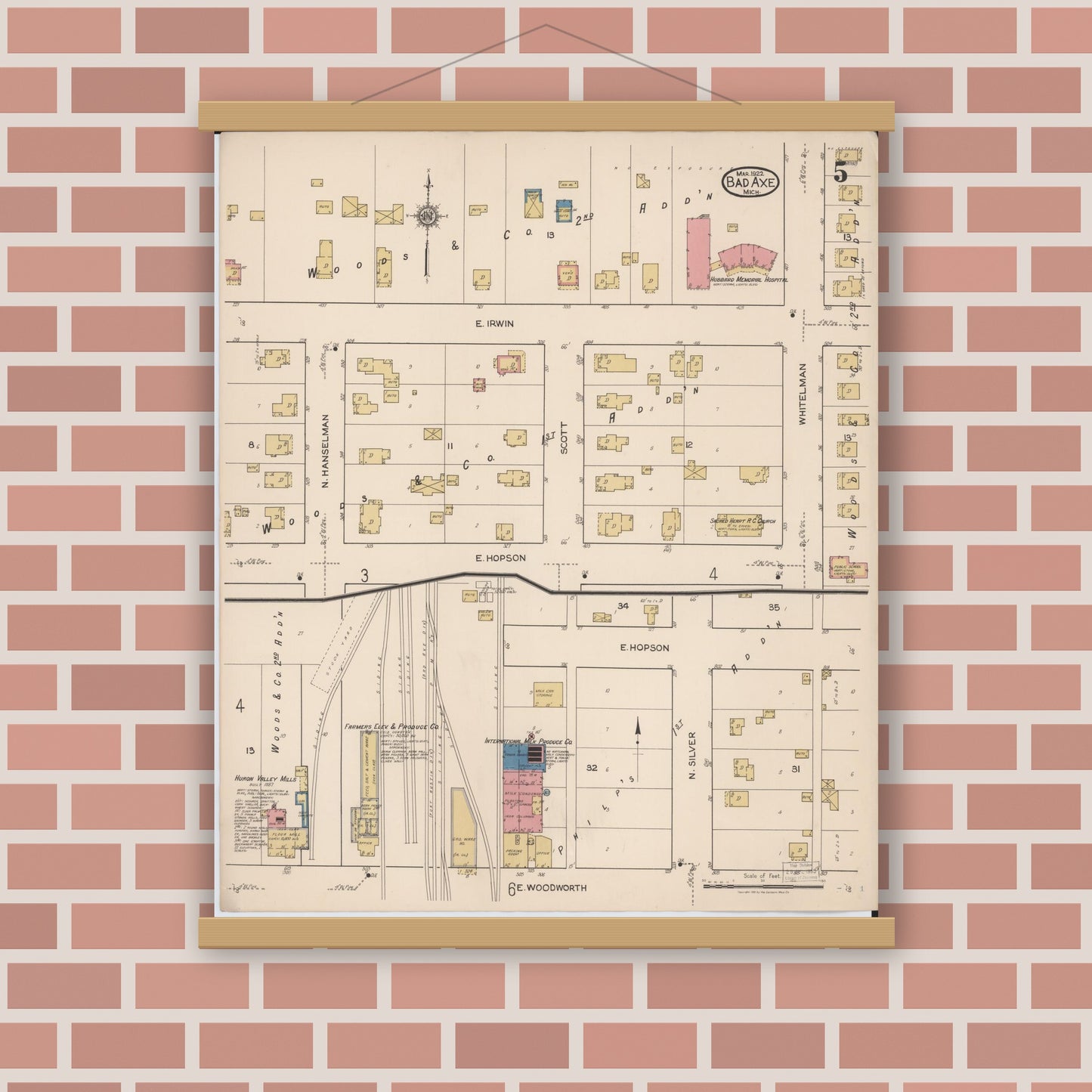 Old map wall art mockup — magnetic wood frame on brick wall — Sanborn Fire Insurance Map from Bad Axe, Huron County, Michigan (1922), Sheet #0005