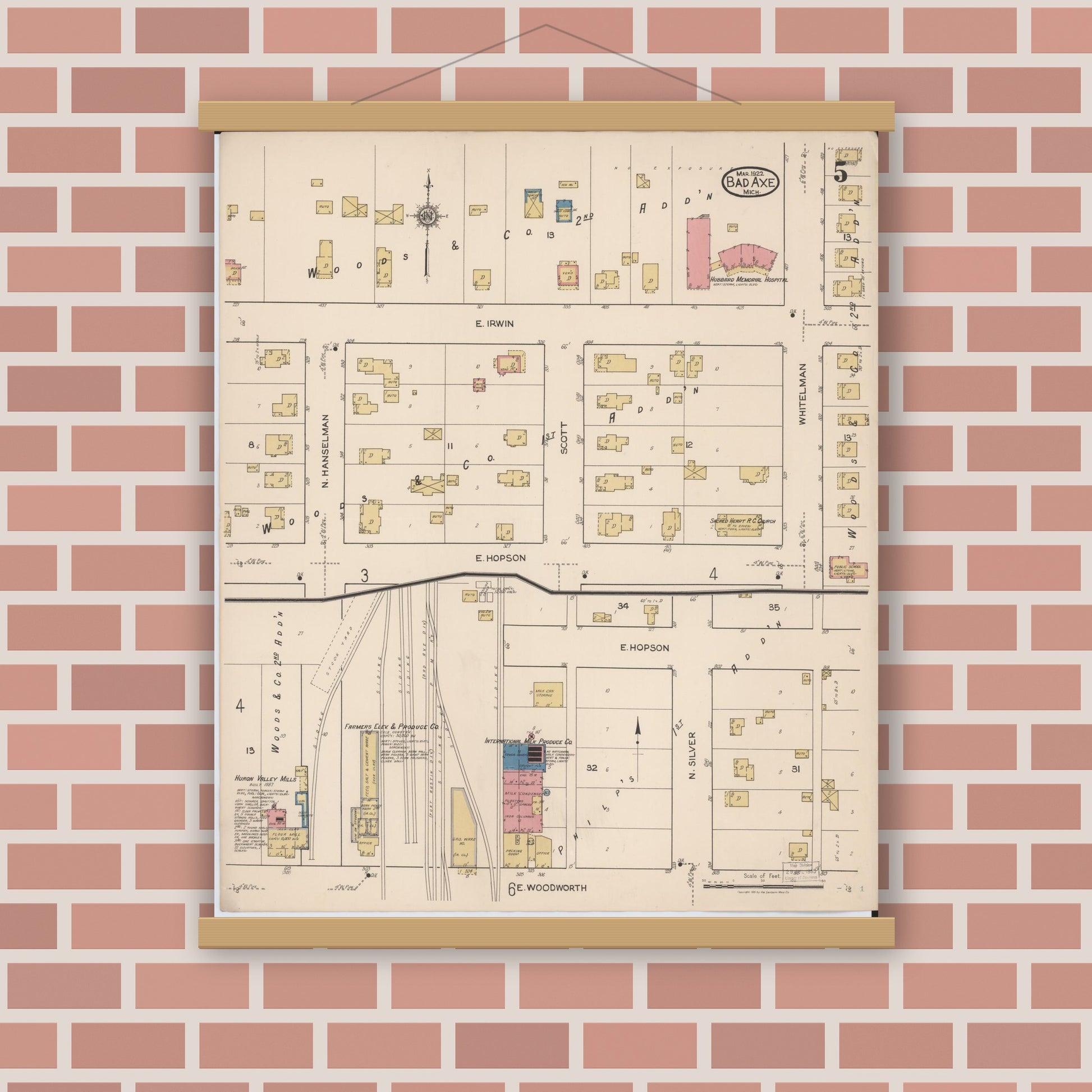 Old map wall art mockup — magnetic wood frame on brick wall — Sanborn Fire Insurance Map from Bad Axe, Huron County, Michigan (1922), Sheet #0005