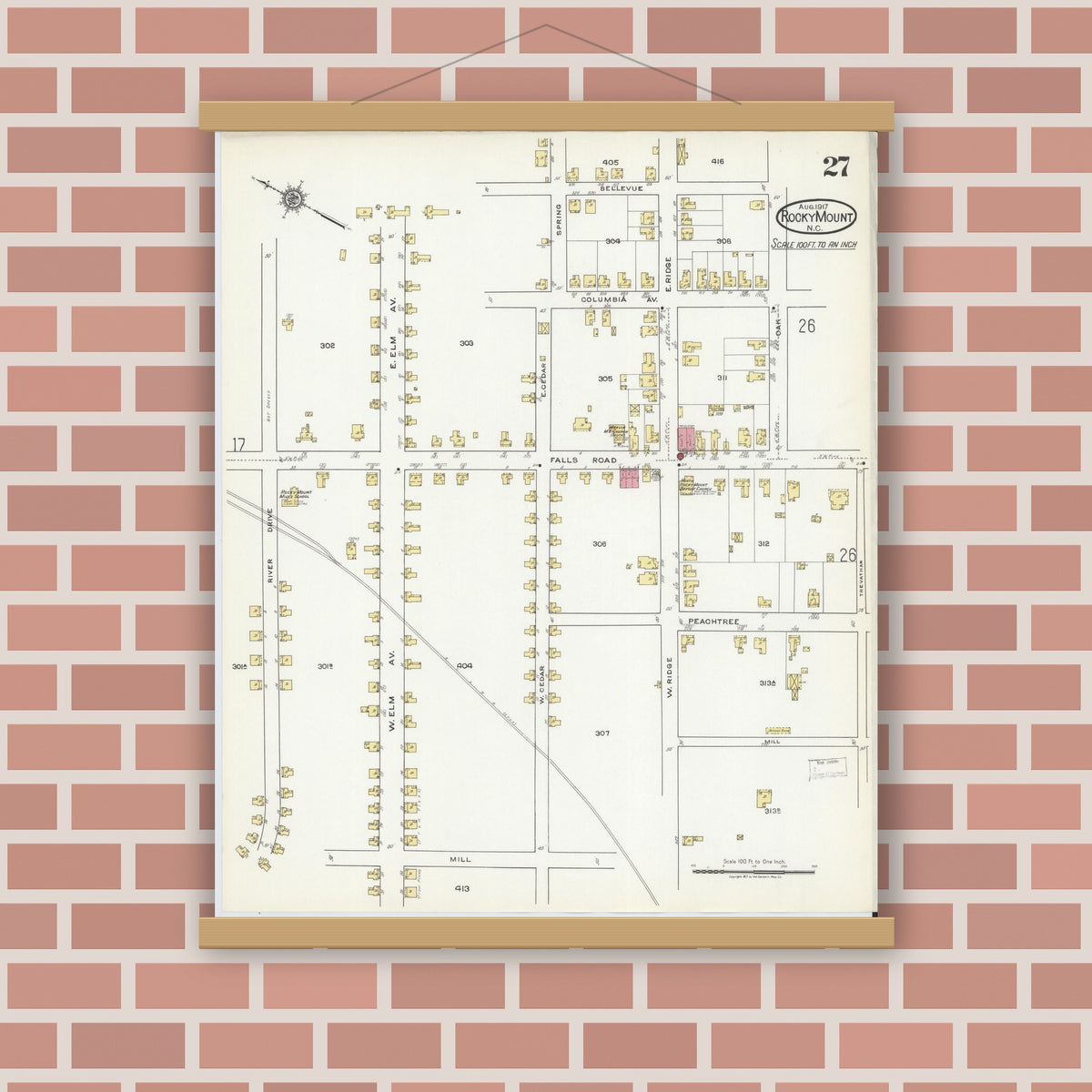 Old map wall art mockup — magnetic wood frame on brick wall — Sanborn Fire Insurance Map from Rocky Mount, Edgecombe And Nash Counties, North Carolina (1917), Sheet #0027