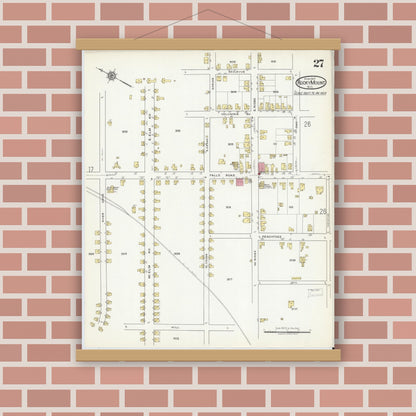 Old map wall art mockup — magnetic wood frame on brick wall — Sanborn Fire Insurance Map from Rocky Mount, Edgecombe And Nash Counties, North Carolina (1917), Sheet #0027