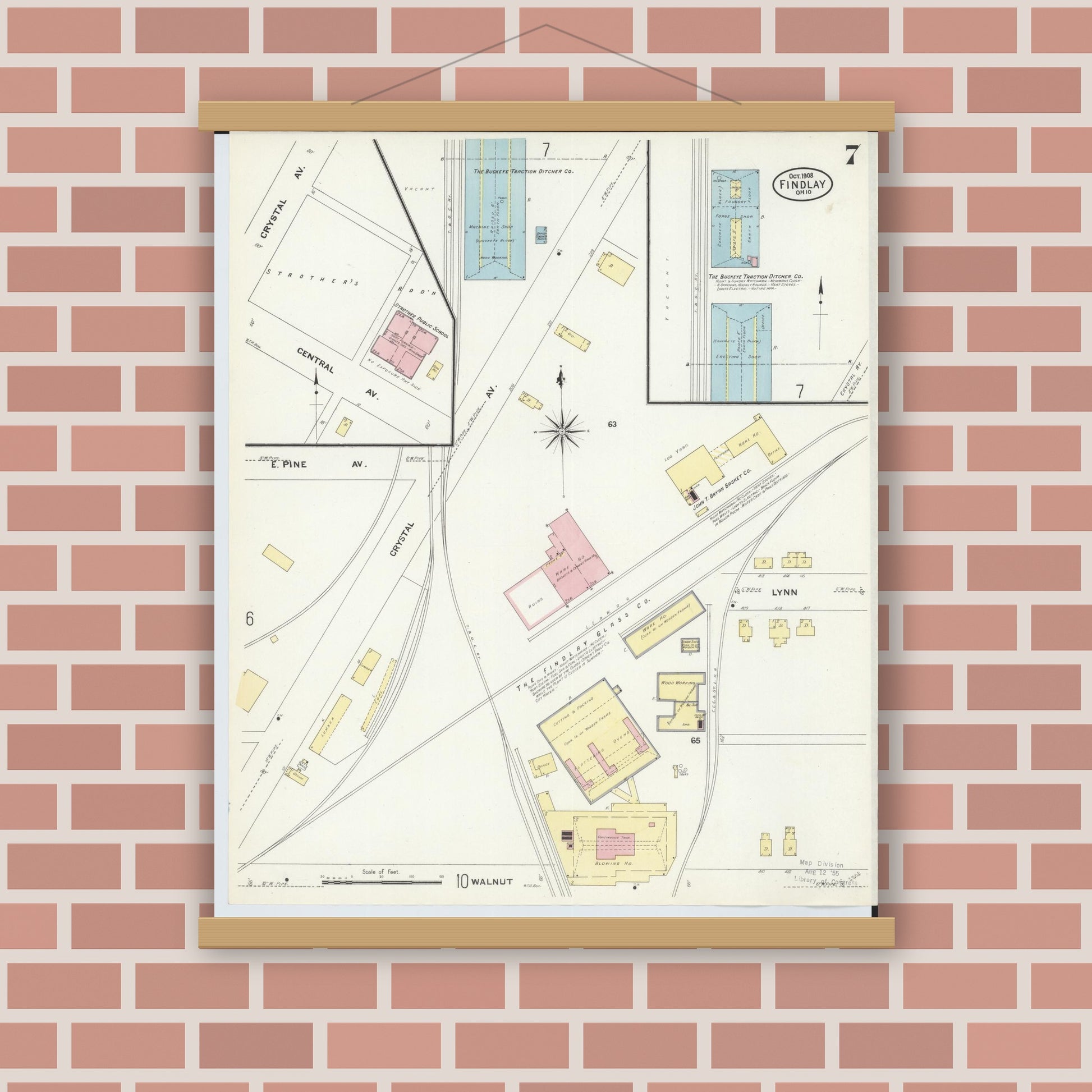 Old map wall art mockup — magnetic wood frame on brick wall — Sanborn Fire Insurance Map from Findlay, Hancock County, Ohio (1908), Sheet #0007