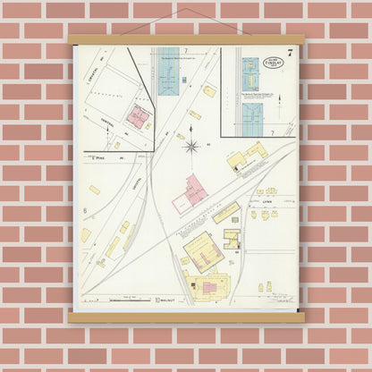 Old map wall art mockup — magnetic wood frame on brick wall — Sanborn Fire Insurance Map from Findlay, Hancock County, Ohio (1908), Sheet #0007
