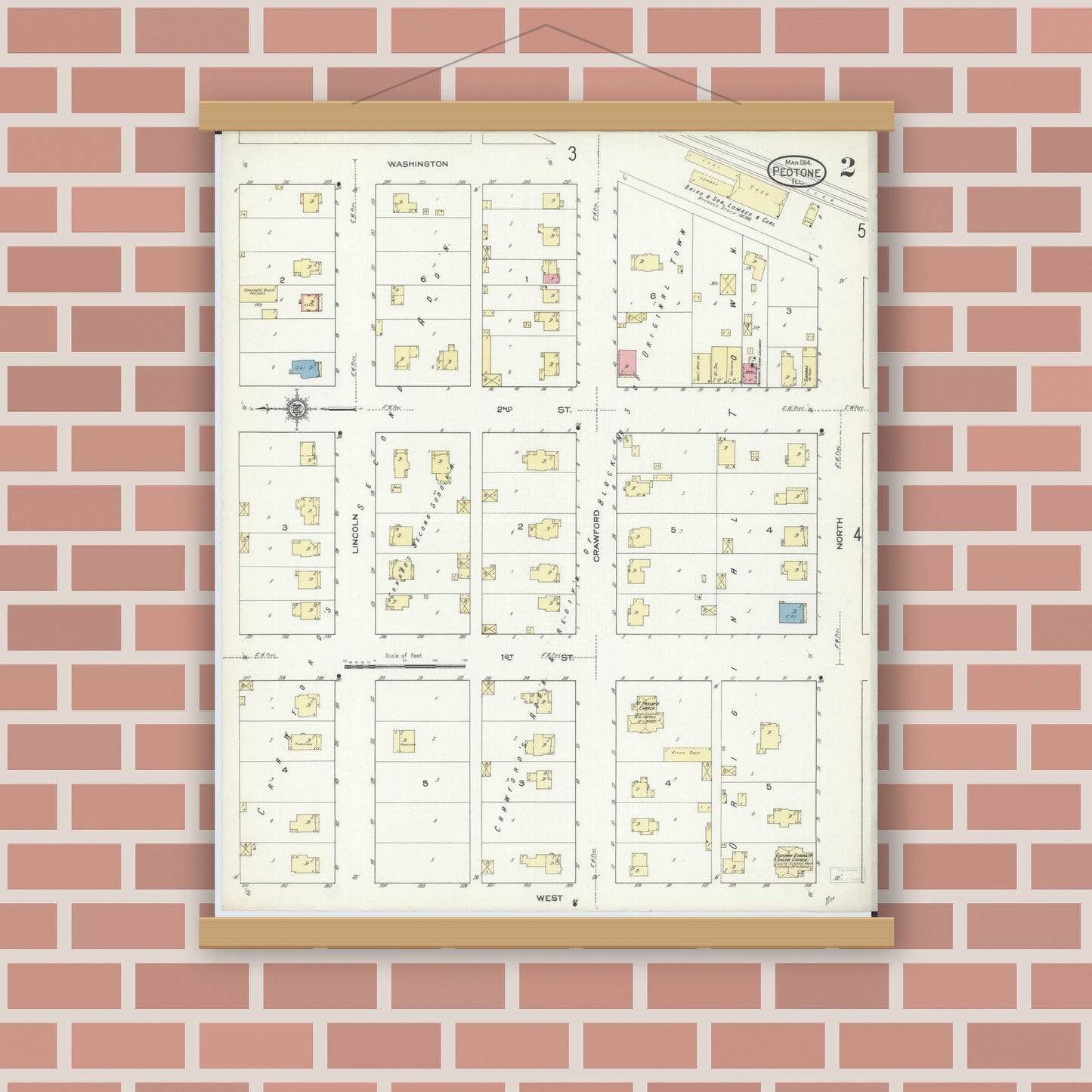 Old map wall art mockup — magnetic wood frame on brick wall — Sanborn Fire Insurance Map from Peotone, Will County, Illinois (1914), Sheet #0002