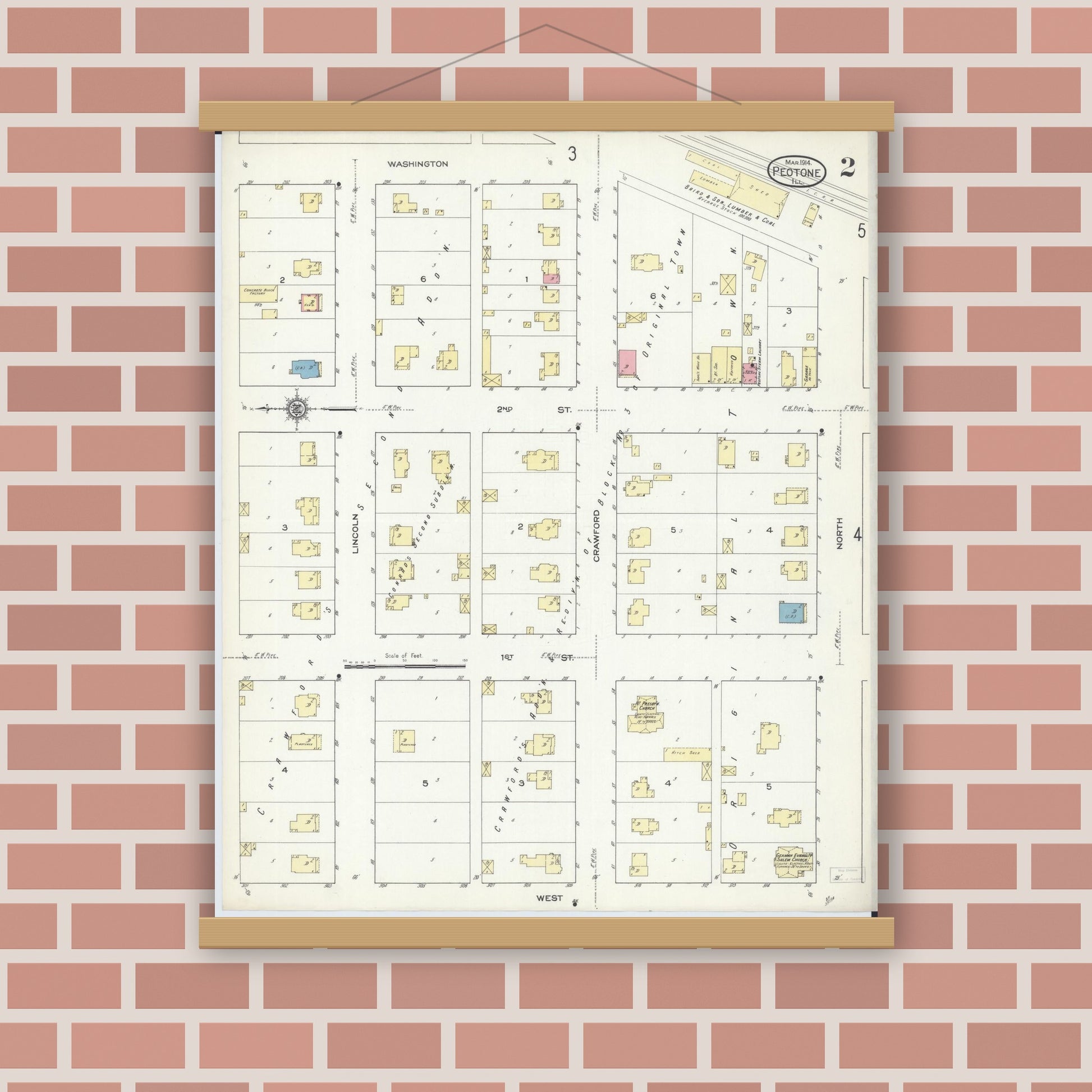 Old map wall art mockup — magnetic wood frame on brick wall — Sanborn Fire Insurance Map from Peotone, Will County, Illinois (1914), Sheet #0002