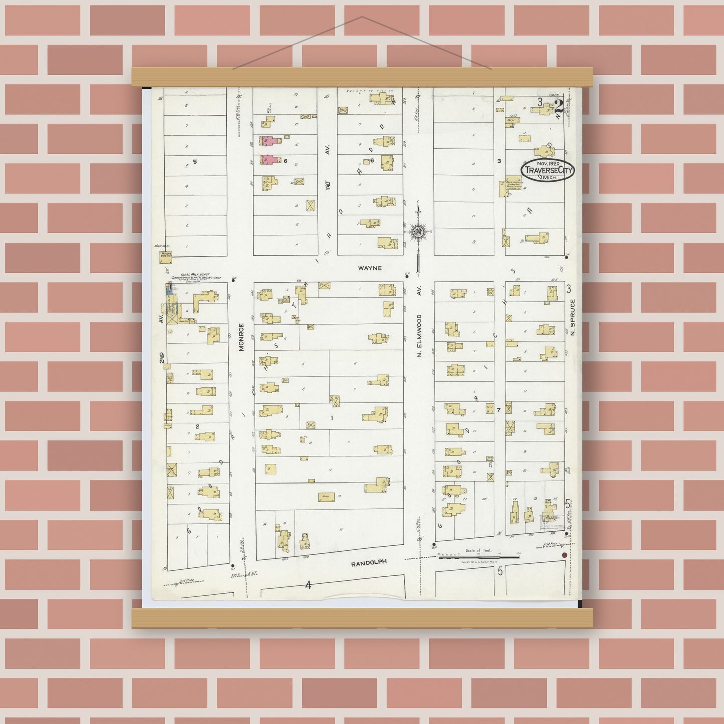Old map wall art mockup — magnetic wood frame on brick wall — Sanborn Fire Insurance Map from Traverse City, Grand Traverse County, Michigan (1920), Sheet #0002