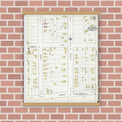 Old map wall art mockup — magnetic wood frame on brick wall — Sanborn Fire Insurance Map from Traverse City, Grand Traverse County, Michigan (1920), Sheet #0002