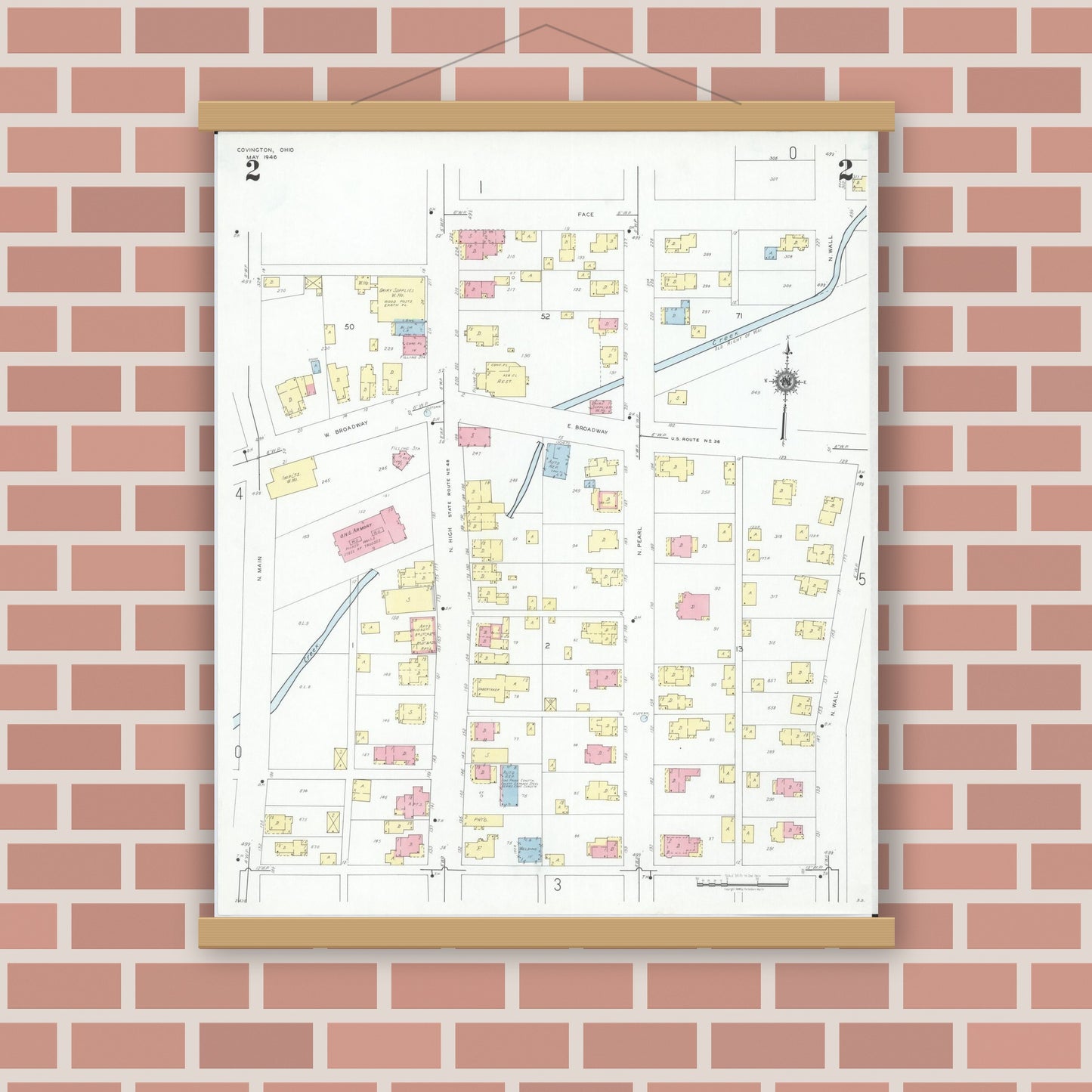Old map wall art mockup — magnetic wood frame on brick wall — Sanborn Fire Insurance Map from Covington, Miami County, Ohio (1946), Sheet #0002