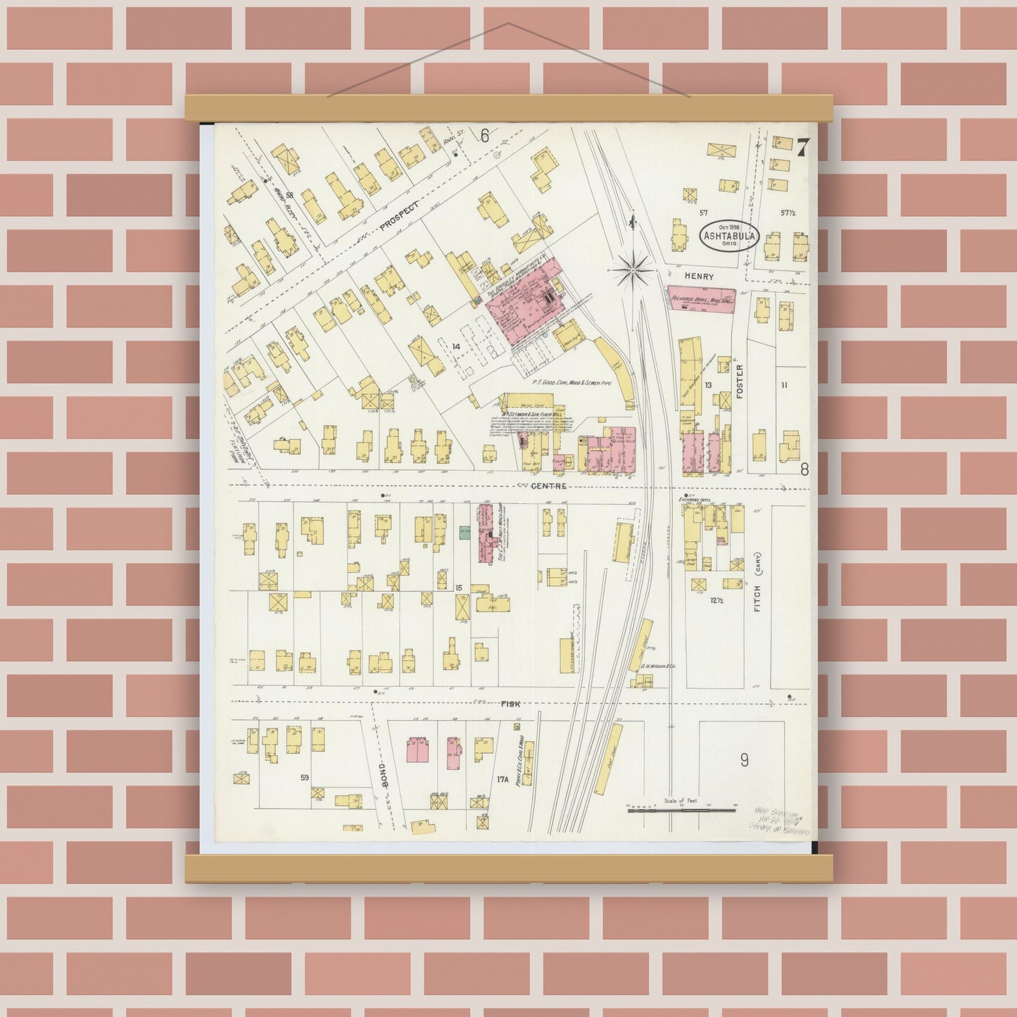 Old map wall art mockup — magnetic wood frame on brick wall — Sanborn Fire Insurance Map from Ashtabula, Ashtabula County, Ohio (1898), Sheet #0007