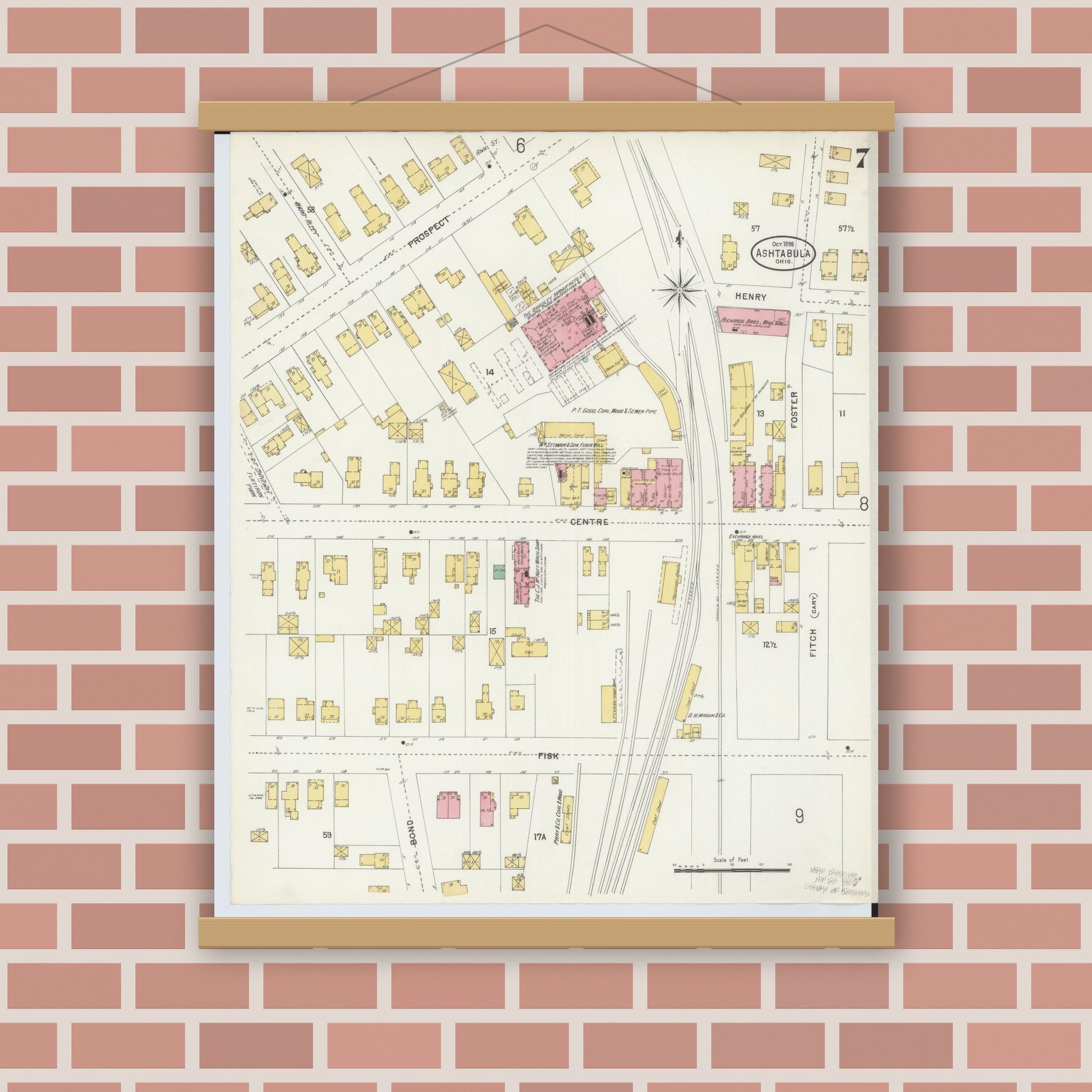 Old map wall art mockup — magnetic wood frame on brick wall — Sanborn Fire Insurance Map from Ashtabula, Ashtabula County, Ohio (1898), Sheet #0007