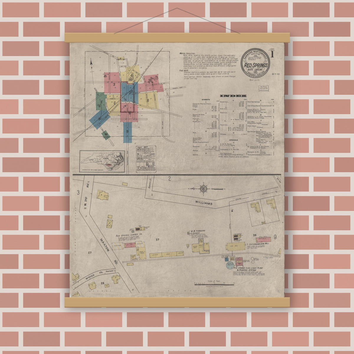Old map wall art mockup — magnetic wood frame on brick wall — Sanborn Fire Insurance Map from Red Springs, Robeson County, North Carolina (1922), Sheet #0001