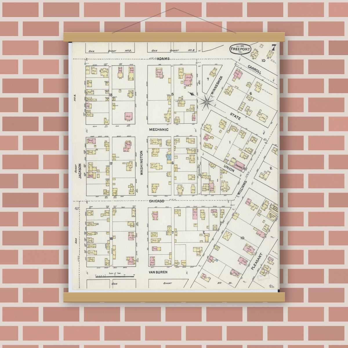 Old map wall art mockup — magnetic wood frame on brick wall — Sanborn Fire Insurance Map from Freeport, Stephenson County, Illinois (1890), Sheet #0007