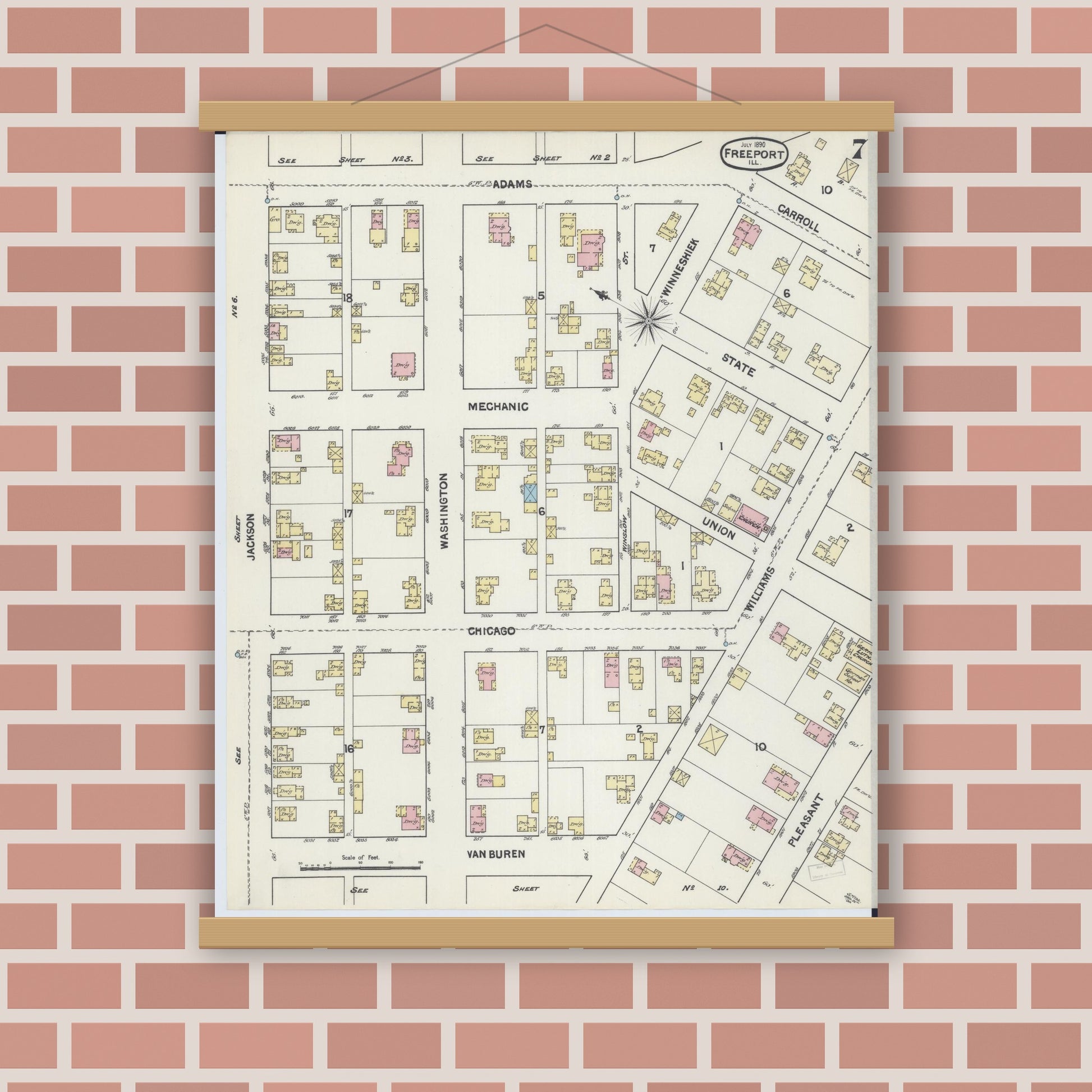 Old map wall art mockup — magnetic wood frame on brick wall — Sanborn Fire Insurance Map from Freeport, Stephenson County, Illinois (1890), Sheet #0007