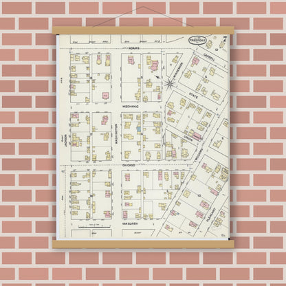 Old map wall art mockup — magnetic wood frame on brick wall — Sanborn Fire Insurance Map from Freeport, Stephenson County, Illinois (1890), Sheet #0007