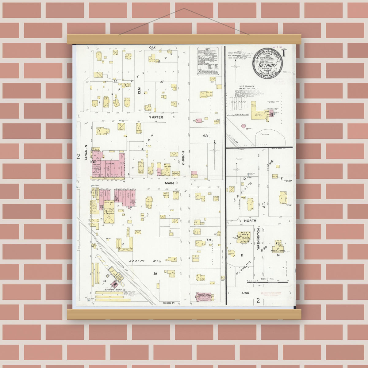 Old map wall art mockup — magnetic wood frame on brick wall — Sanborn Fire Insurance Map from Bethany, Moultrie County, Illinois (1910), Sheet #0001